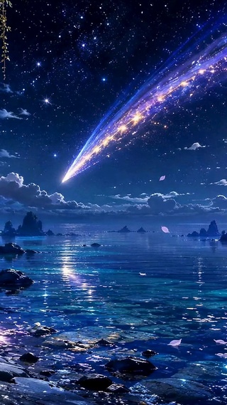 梦幻月夜流星星空海湾