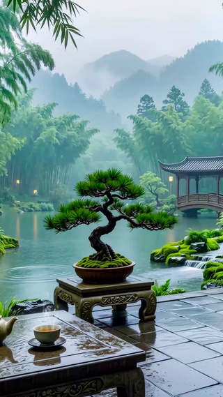 园林竹林雨景
