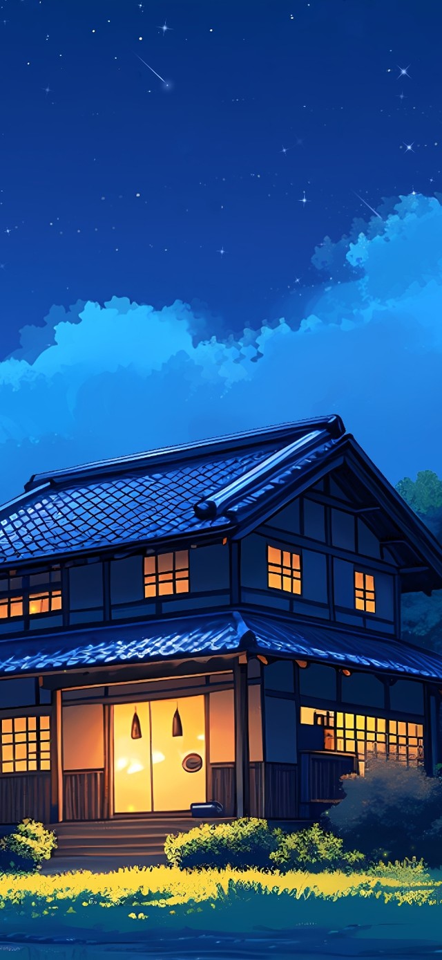 4K唯美治愈动漫星空森林木屋