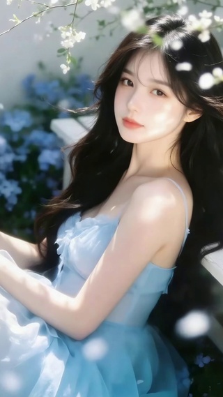 花园蓝裙少女