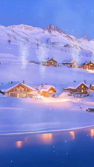 雪景树木房屋河流