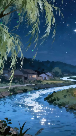 夜景树木河流