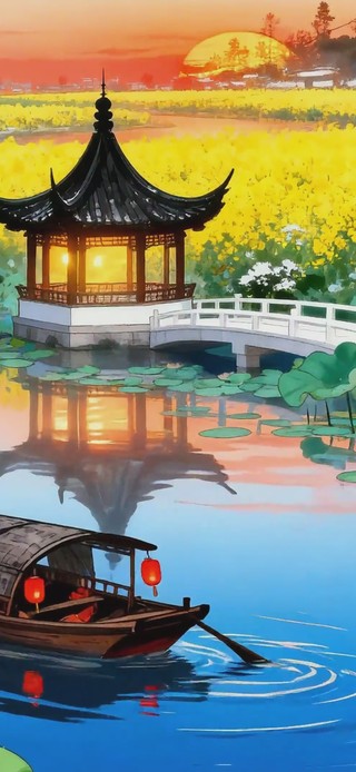 落日晚霞映江南