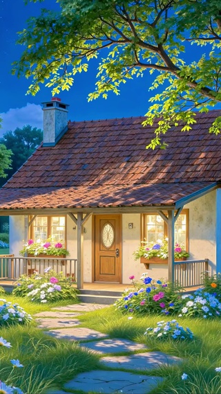 护眼乡村夜景小屋