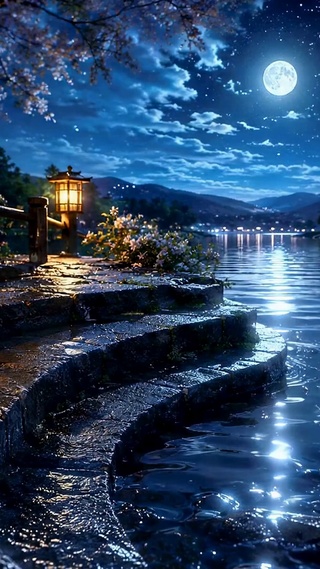 月夜湖畔星空樱花夜景