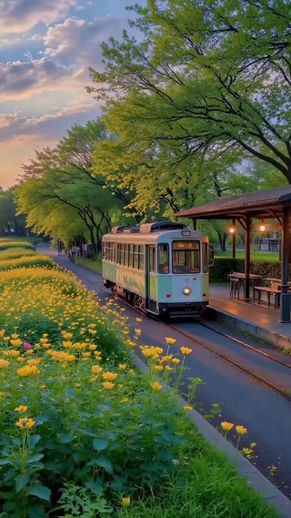 落日河畔花田电车风景
