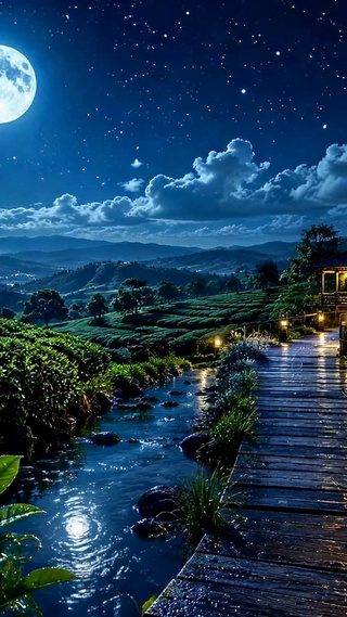 月下茶园夜景