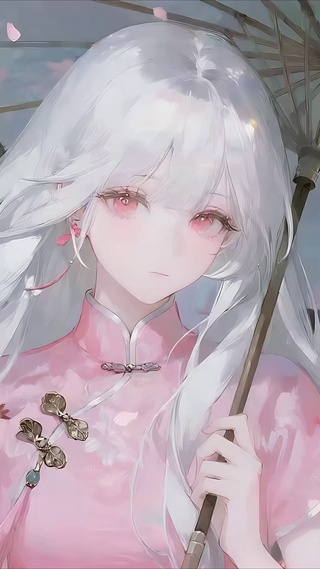 撑伞接落花的旗袍少女