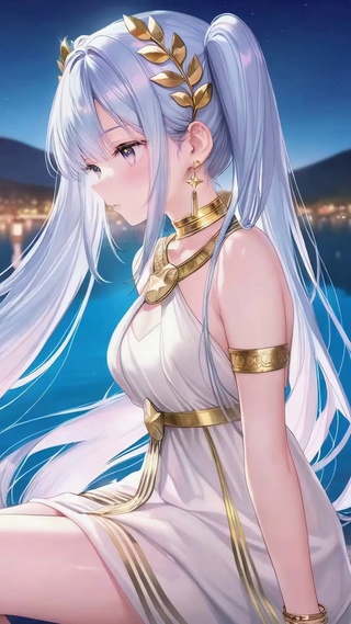 月夜湖畔银发美少女