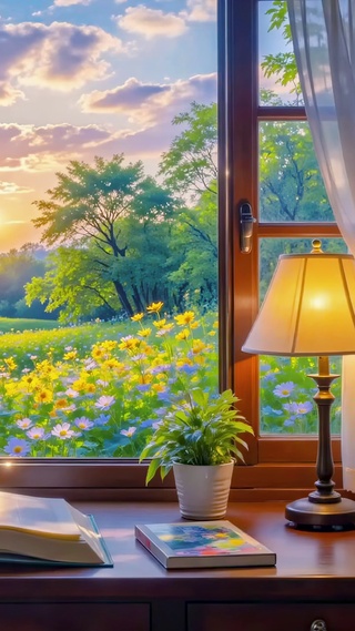 窗边日落花海