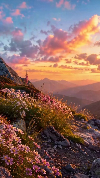 日落山间浪漫花海
