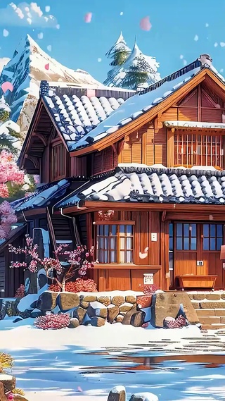 蓝天白云樱花树木雪景