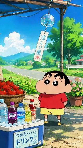夏日乡间果摊的蜡笔小新