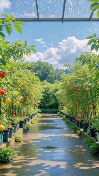 清新雨天温室果园风光