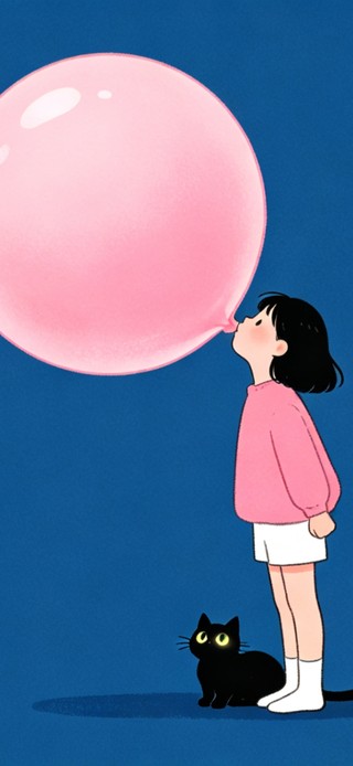 花漾壁纸|吹泡泡糖的少女与黑猫