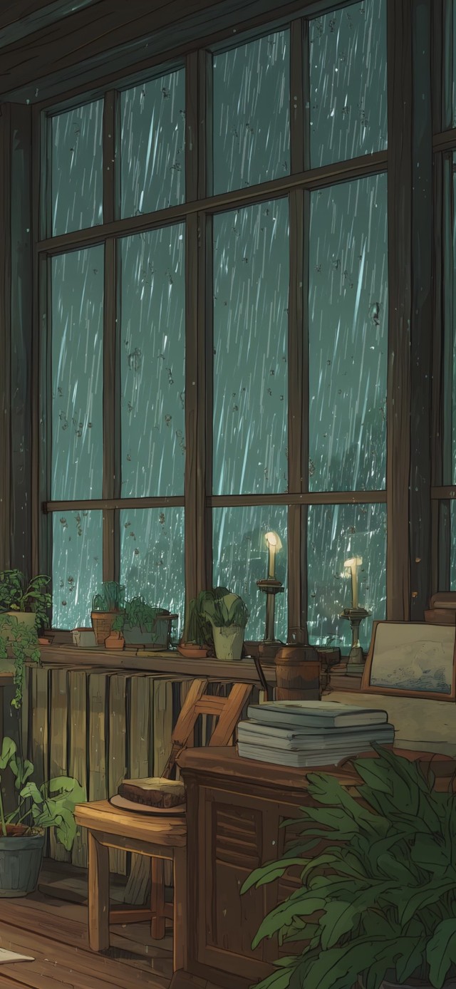 下雨的温馨书房