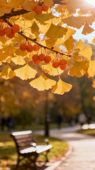雨后的公园长椅上的秋日治愈时光