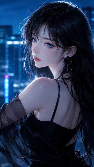 都市夜景清冷黑裙美少女
