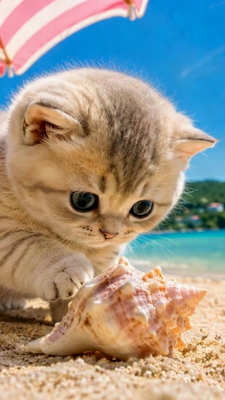 夏日沙滩可爱萌小猫