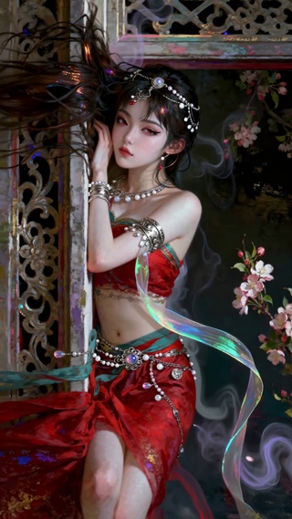 红衣古风美人卧栏赏樱