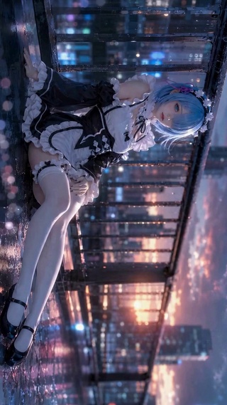 雨夜黄昏天台蓝发女仆美少女