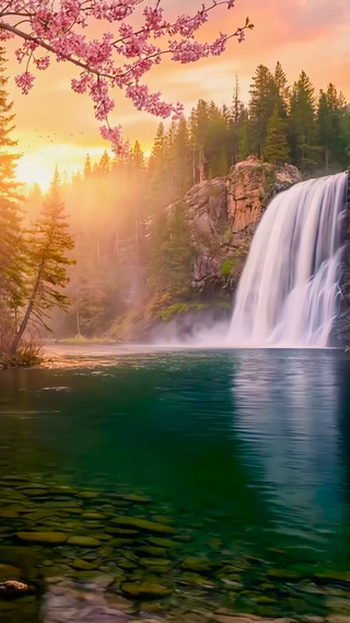 春天山水瀑布小屋