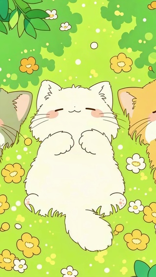 春日草地上打盹的三只小猫咪