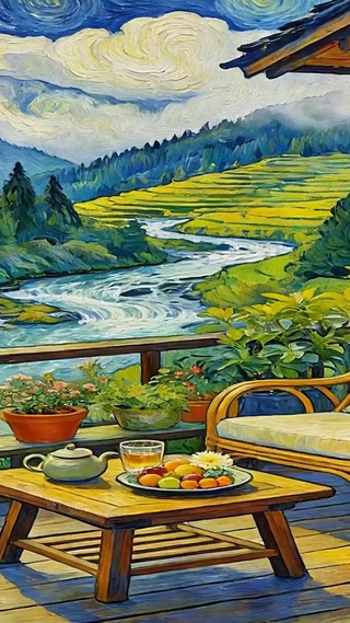 油画溪流景