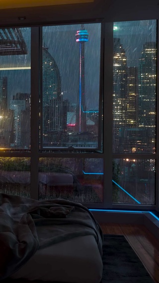 都市夜景雨天公寓房间