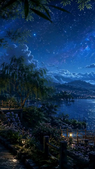 月夜湖畔星空夜景