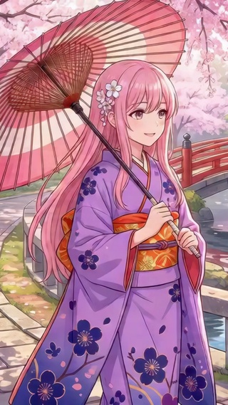 樱花树下的和服少女