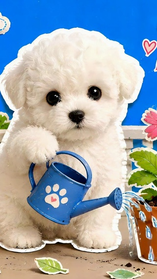 快乐小园丁可爱比熊犬