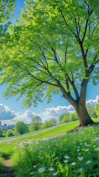 晴朗阳光绿草地治愈风景