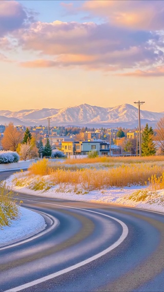 雪径晚霞的冬日乡途