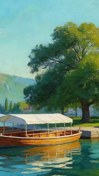 油画海景树木
