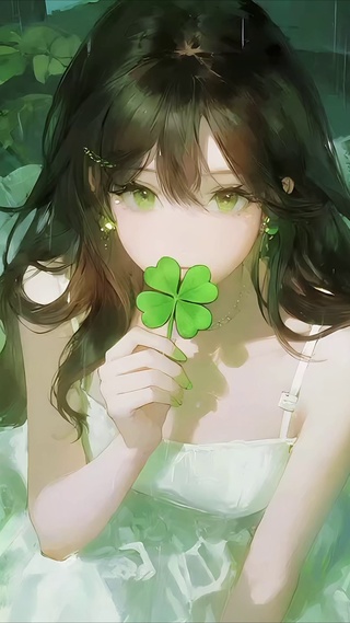 雨中快乐的四叶草女孩