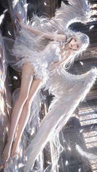 教堂银发白翼天使美少女
