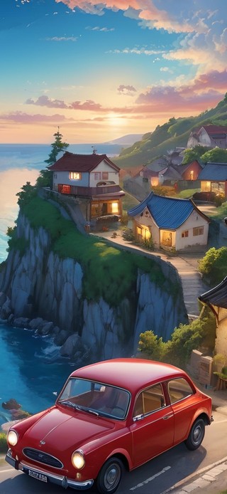 傍晚海边温馨小镇