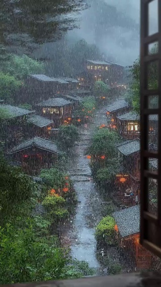 雨中小镇