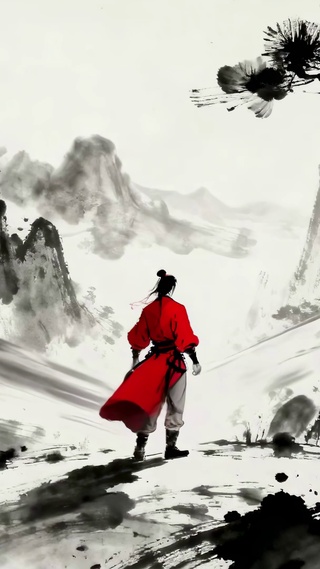 水墨风红衣武侠少侠一览众山小