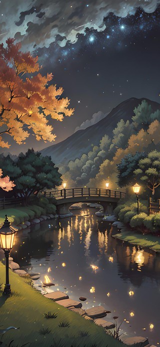 唯美治愈夜晚小桥溪水小屋