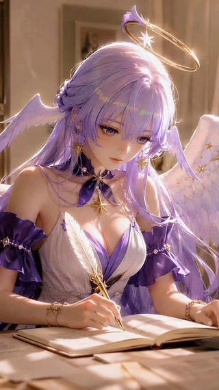 窗边紫发天使美少女