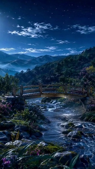 静谧月夜山间溪流美景
