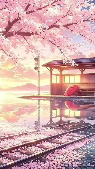 唯美夕阳下镜湖樱花站