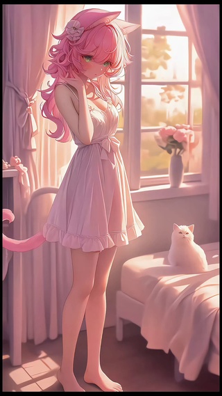 温馨粉色系少女与猫