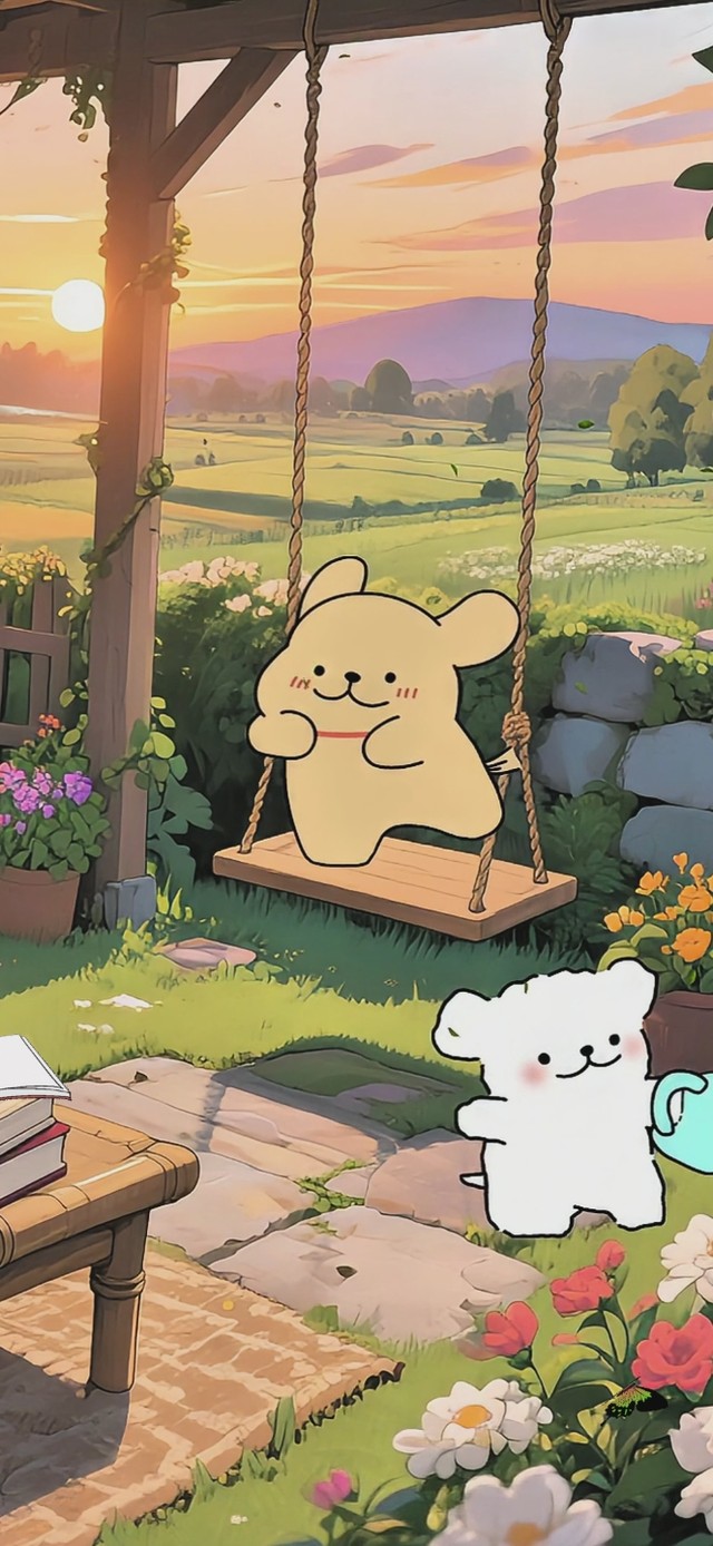 傍晚乡村小屋聚会的线条小狗