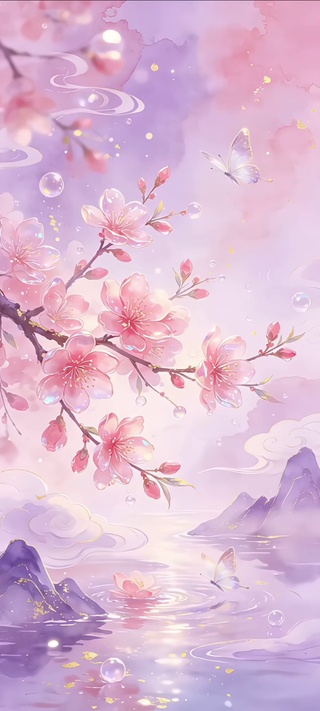 全屏粉紫温柔新中式古风桃花治愈
