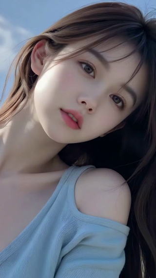 蓝天白云下的清纯长发美女