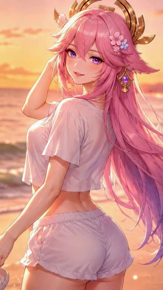 日落海滩粉发女孩八重神子