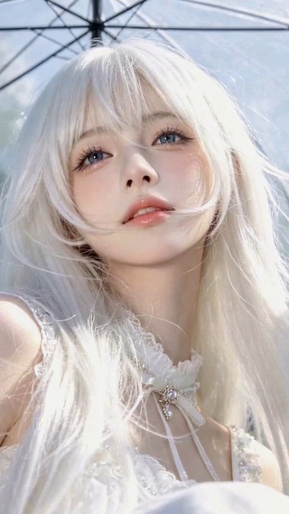 白玫瑰丛中的清纯白发美少女